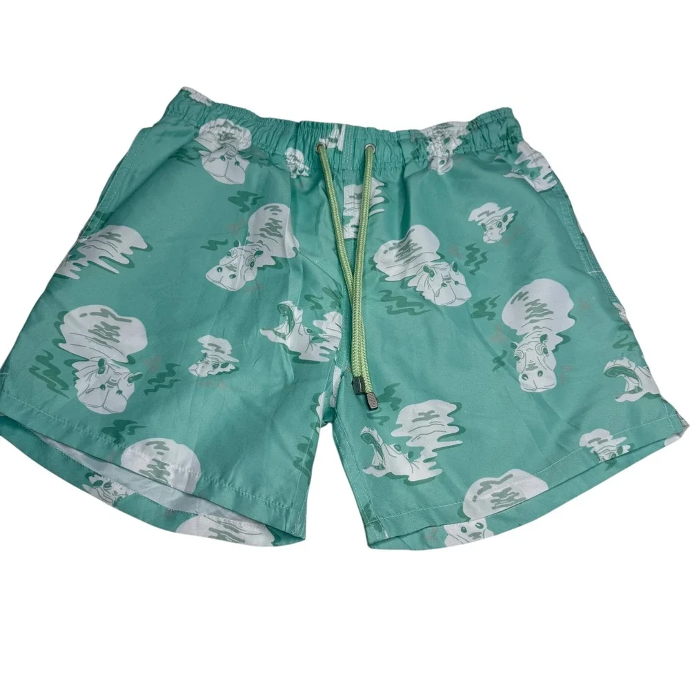Granadilla Men's Swim Trunks Shorts Teal Hippo Print Elastic‎ Waist Size Small